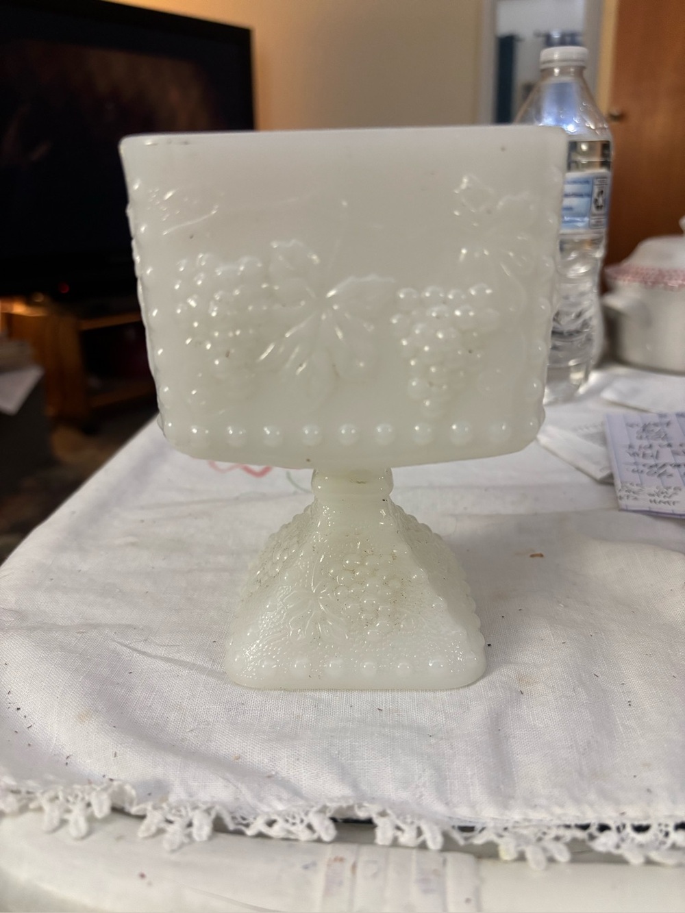 Anchor Hocking White Milk Glass Grape-Pattern Pedestal Compote